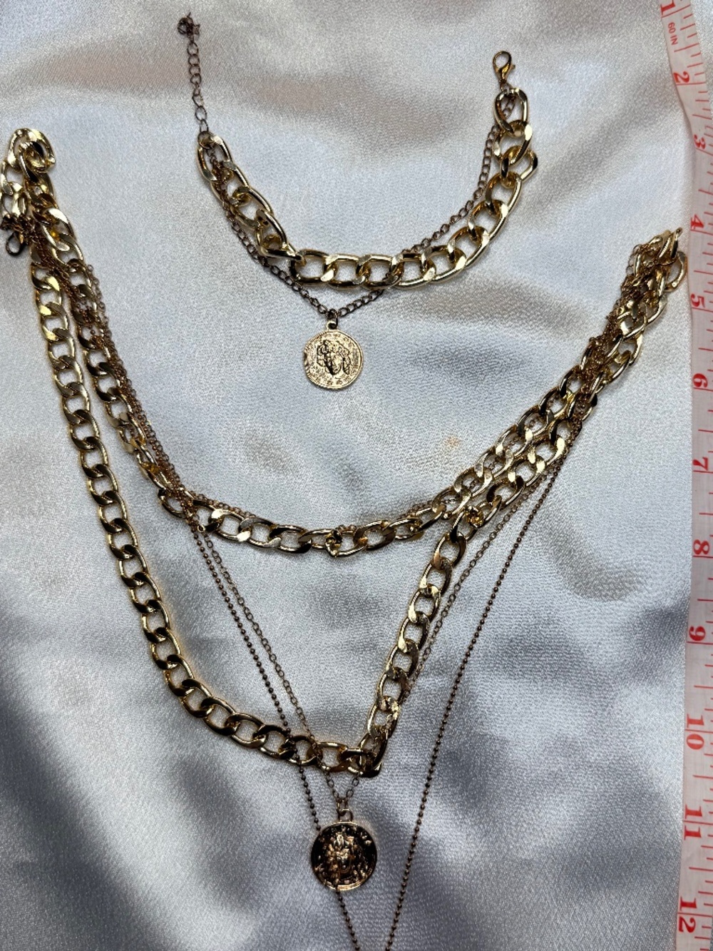 Gold Tone Chunky Chain Coin Medallion Necklace & Bracelet Set Statement Jewelry
